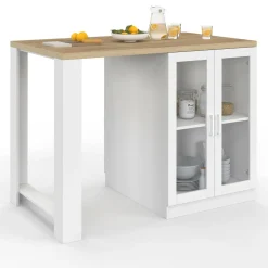 Ilot de cuisine central bois blanc 120 cm avec portes vitrées et rangements*IDMarket Online