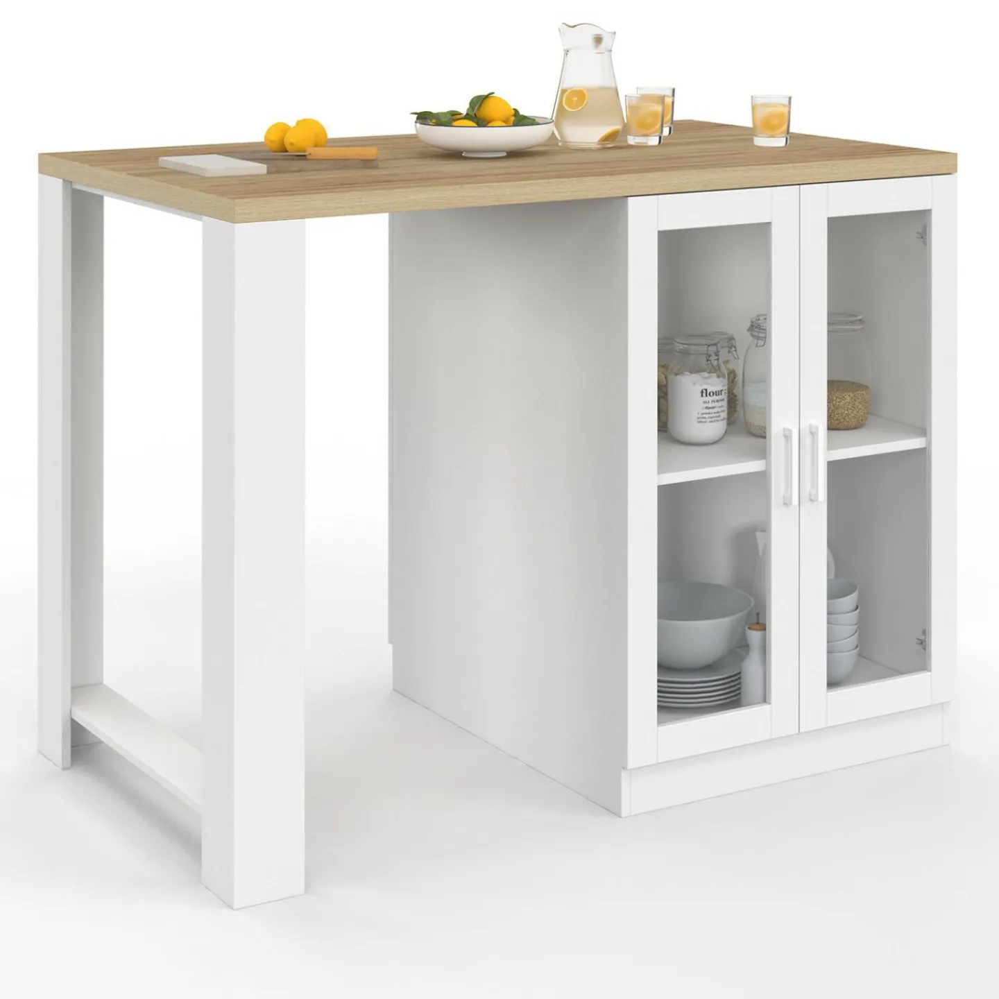 Ilot de cuisine central bois blanc 120 cm avec portes vitrées et rangements*IDMarket Online