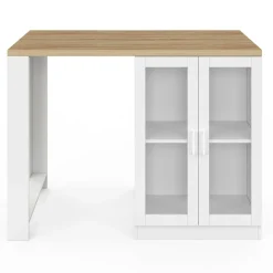 Ilot de cuisine central bois blanc 120 cm avec portes vitrées et rangements*IDMarket Online