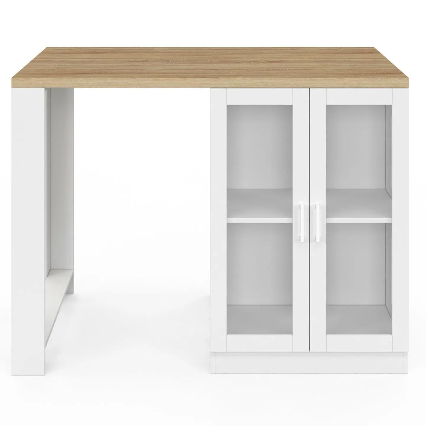 Ilot de cuisine central bois blanc 120 cm avec portes vitrées et rangements*IDMarket Online