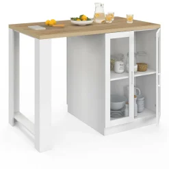 Ilot de cuisine central bois blanc 120 cm avec portes vitrées et rangements*IDMarket Online