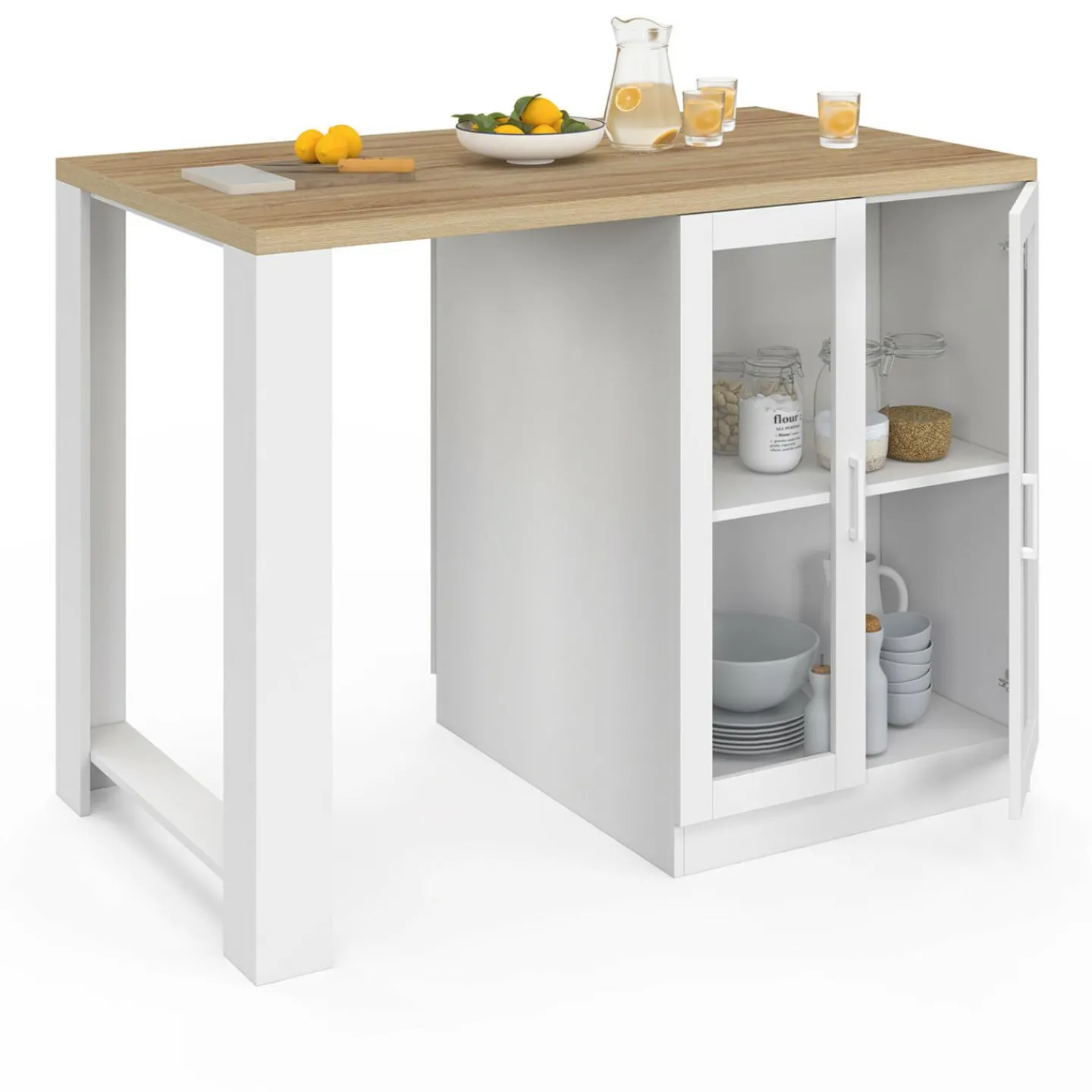 Ilot de cuisine central bois blanc 120 cm avec portes vitrées et rangements*IDMarket Online