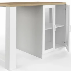 Ilot de cuisine central bois blanc 120 cm avec portes vitrées et rangements*IDMarket Online