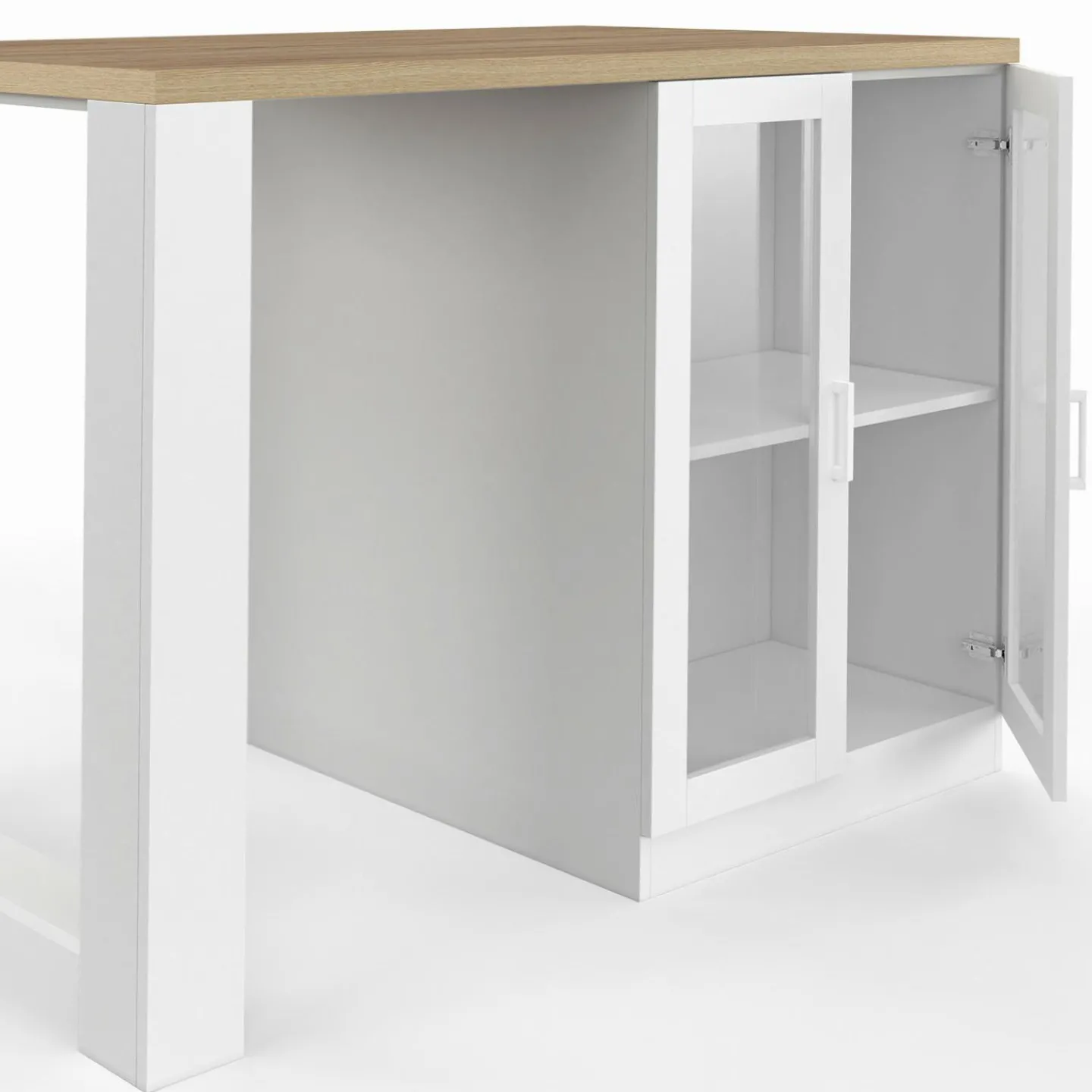 Ilot de cuisine central bois blanc 120 cm avec portes vitrées et rangements*IDMarket Online