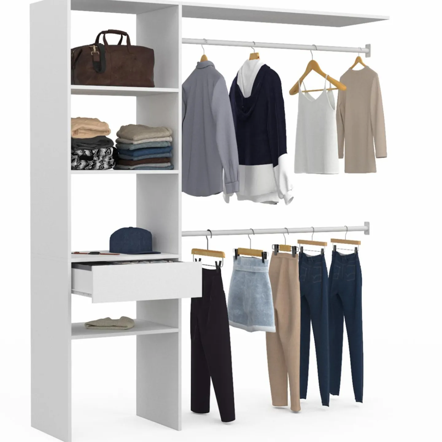 Kit dressing blanc pour placard avec étagères, tiroir et double penderie*IDMarket Outlet