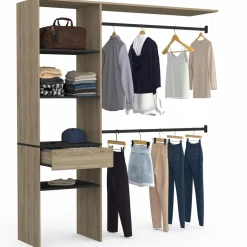 Kit dressing placard hêtre et noir avec étagères, tiroir et double penderie*IDMarket Sale