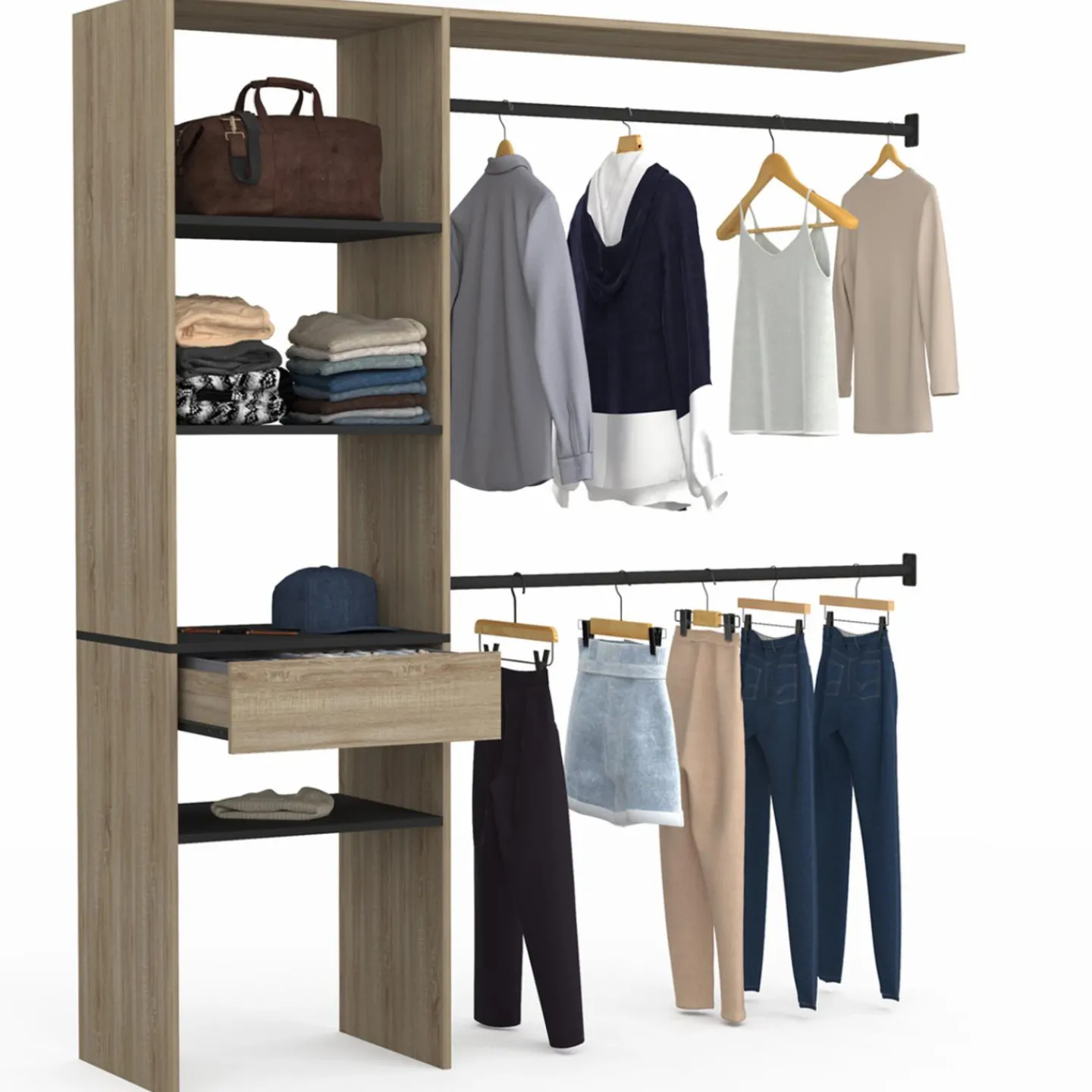 Kit dressing placard hêtre et noir avec étagères, tiroir et double penderie*IDMarket Sale