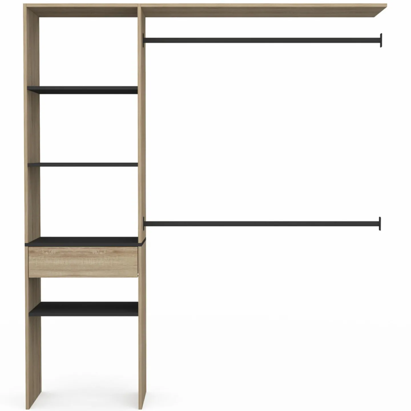 Kit dressing placard hêtre et noir avec étagères, tiroir et double penderie*IDMarket Sale