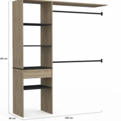 Kit dressing placard hêtre et noir avec étagères, tiroir et double penderie*IDMarket Sale