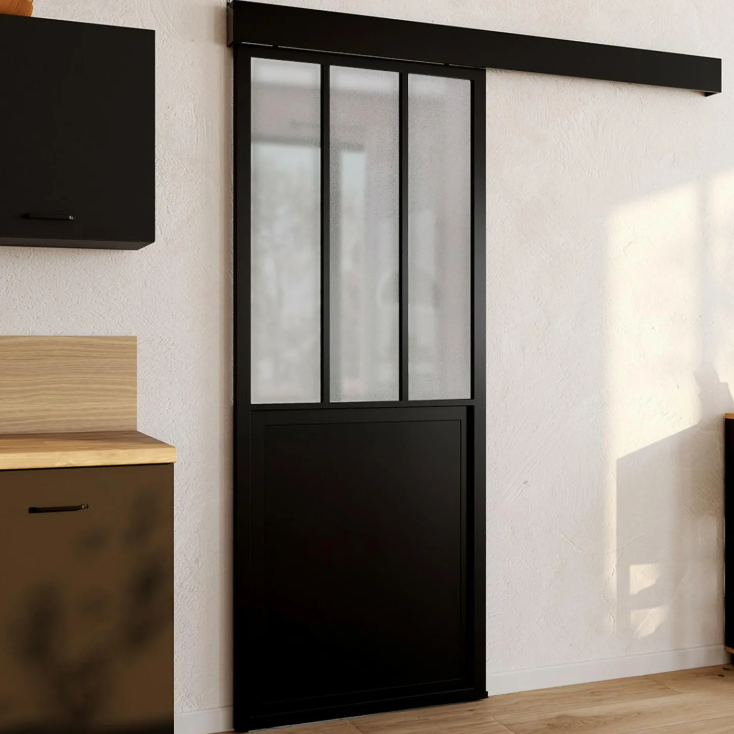 Kit porte coulissante verrière 83 cm en verre trempé givré, métal avec rail et fixations*IDMarket Online