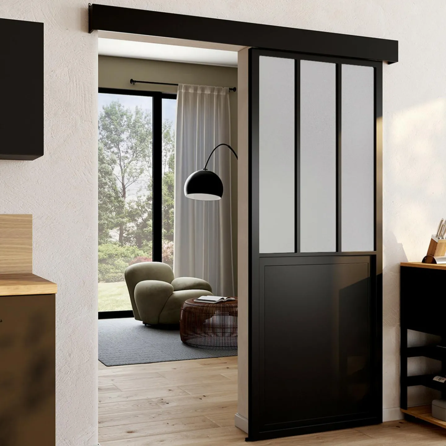 Kit porte coulissante verrière 83 cm en verre trempé givré, métal avec rail et fixations*IDMarket Online