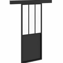 Kit porte coulissante verrière industrielle noire et verre trempé*IDMarket Sale