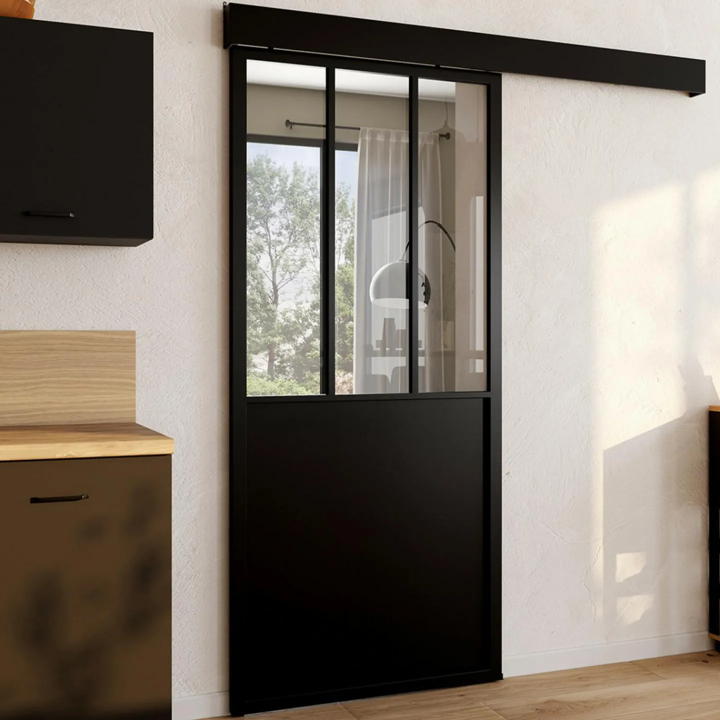 Kit porte coulissante vitrée verre trempé en métal avec MDF*IDMarket Online