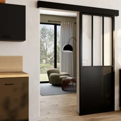 Kit porte coulissante vitrée verre trempé en métal avec MDF*IDMarket Online