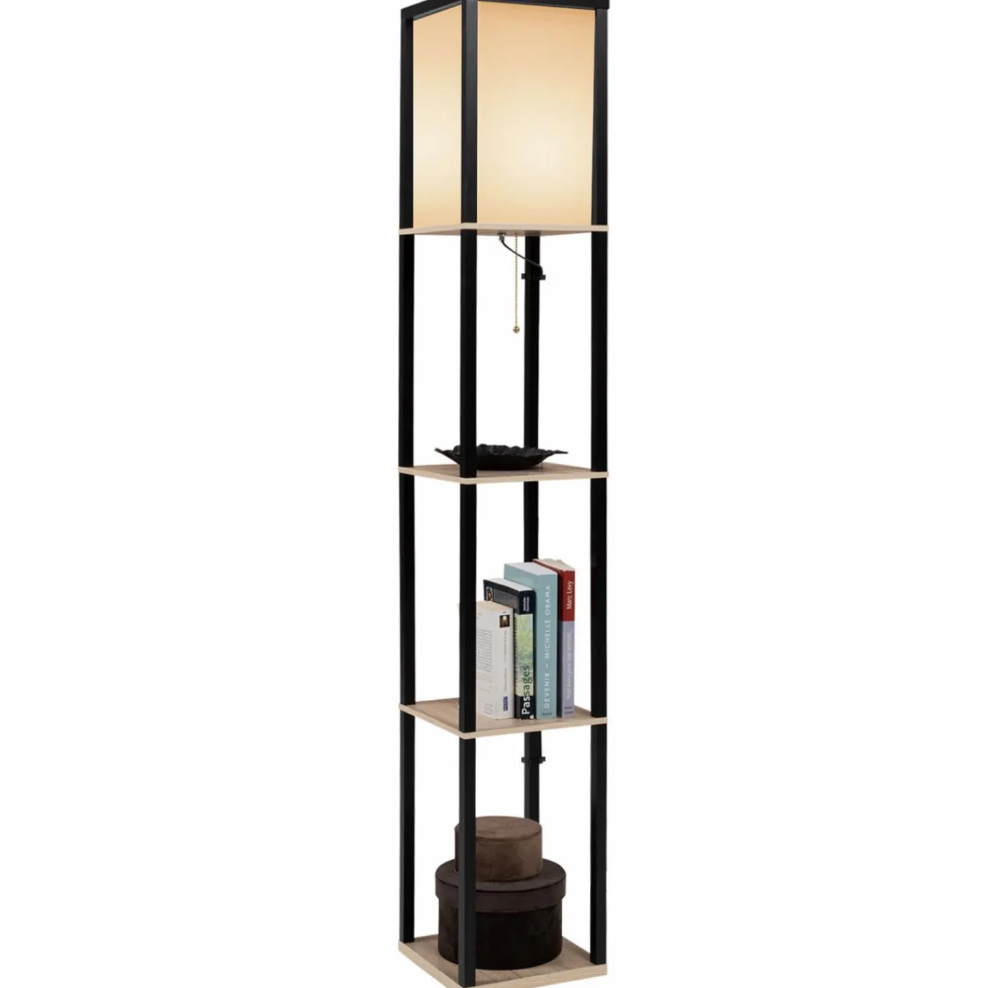 Lampadaire industriel en bois noir avec étagères bois clair et abat-jour blanc*IDMarket Outlet