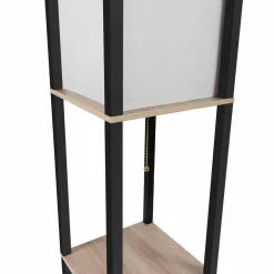 Lampadaire industriel en bois noir avec étagères bois clair et abat-jour blanc*IDMarket Outlet