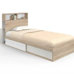 Lit 1 personne sommier 90x190 cm hêtre et blanc avec rangement et tête de lit*IDMarket New