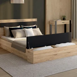 Lit 2 personnes sommier 140x190 cm avec tête de lit et banc coffre bois et noir*IDMarket