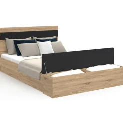 Lit 2 personnes sommier 140x190 cm avec tête de lit et banc coffre bois et noir*IDMarket