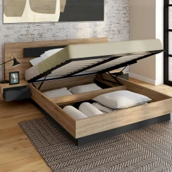 Lit 2 places double coffre 140x190 cm avec sommier et tables de chevet*IDMarket Best