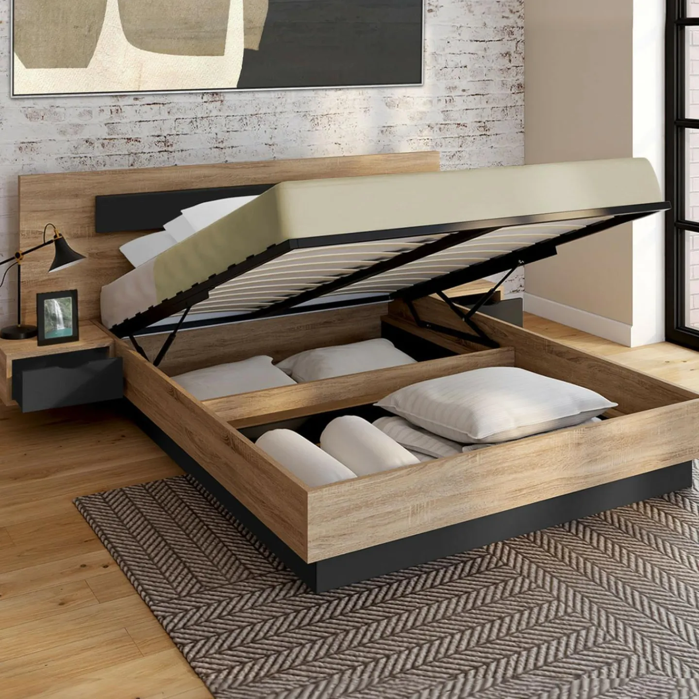 Lit 2 places double coffre 140x190 cm avec sommier et tables de chevet*IDMarket Best