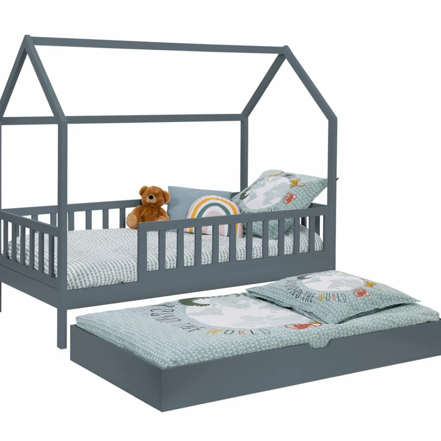 Lit cabane avec tiroir et barrières gris 80x160 cm*IDMarket Outlet