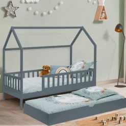 Lit cabane avec tiroir et barrières gris 80x160 cm*IDMarket Outlet