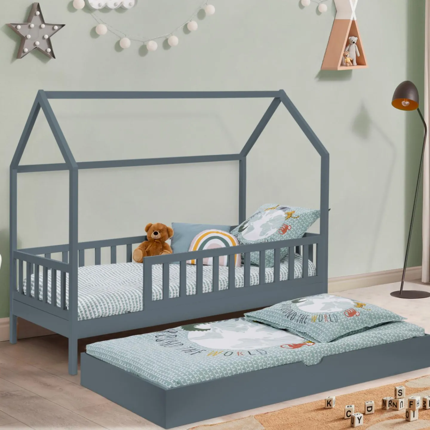 Lit cabane avec tiroir et barrières gris 80x160 cm*IDMarket Outlet