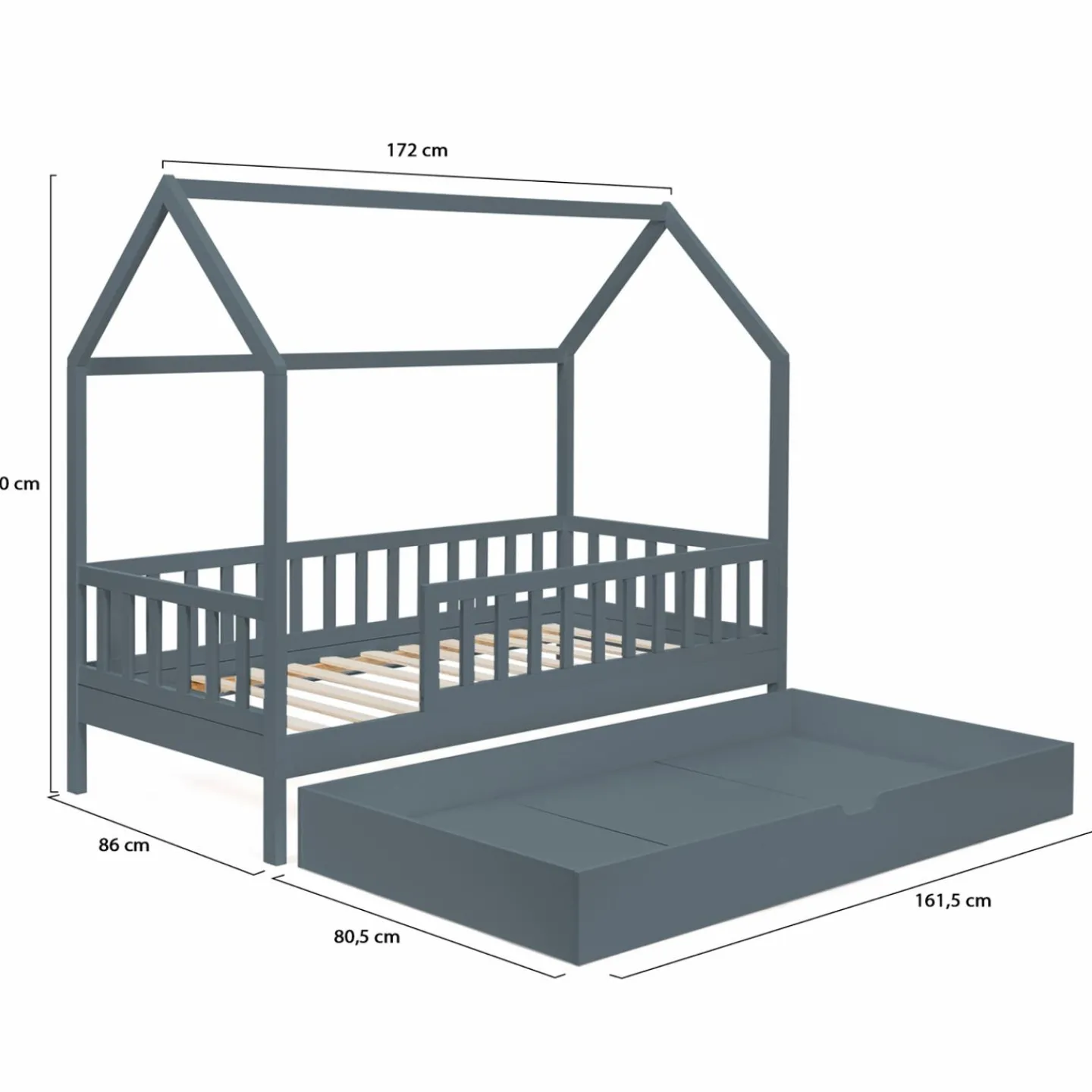 Lit cabane avec tiroir et barrières gris 80x160 cm*IDMarket Outlet
