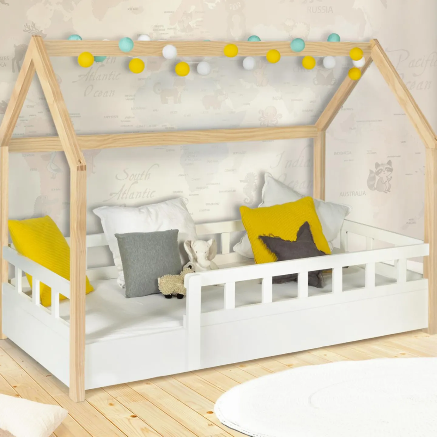Lit cabane pour enfant blanc et hêtre 80x160 cm*IDMarket Discount