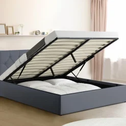 Lit coffre avec tête de lit gris 160x200 cm*IDMarket New