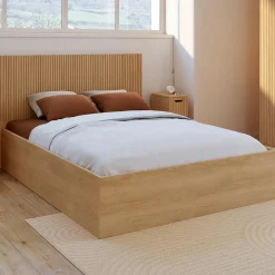 Lit coffre double 140 x 190 cm avec tête de lit et sommier effet lattes et bois*IDMarket New