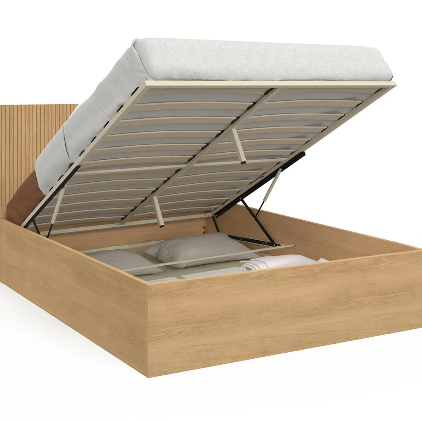 Lit coffre double 140 x 190 cm avec tête de lit et sommier effet lattes et bois*IDMarket New