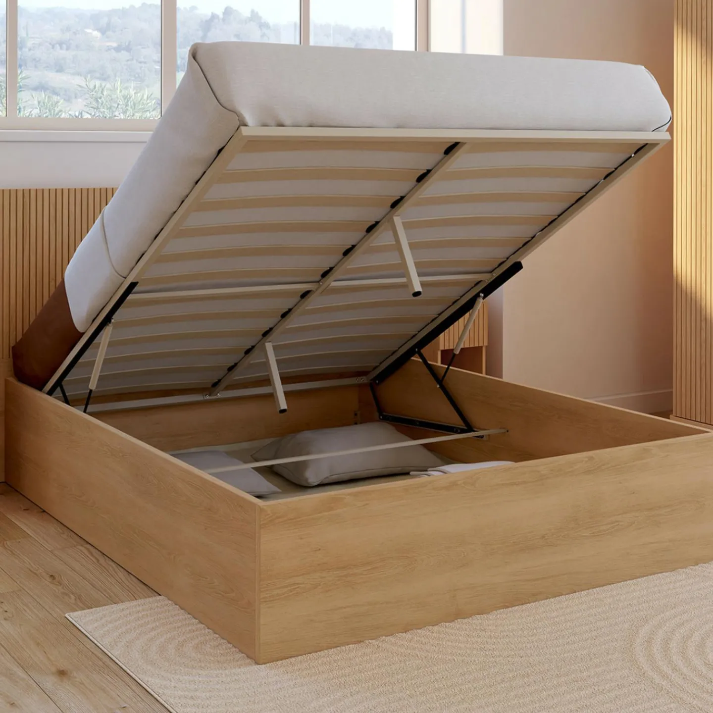 Lit coffre double 140 x 190 cm avec tête de lit et sommier effet lattes et bois*IDMarket New