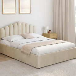 Lit coffre double avec tête de lit et sommier 140 x 190 cm velours beige*IDMarket