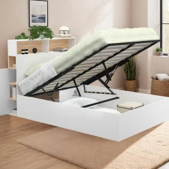 Lit coffre double avec tête de lit, rangements et sommier blanc et bois*IDMarket Clearance