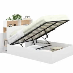 Lit coffre double avec tête de lit, rangements et sommier blanc et bois*IDMarket Clearance