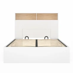 Lit coffre double avec tête de lit, rangements et sommier blanc et bois*IDMarket Clearance