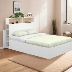 Lit coffre double avec tête de lit, rangements et sommier blanc et bois*IDMarket Clearance