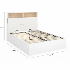 Lit coffre double avec tête de lit, rangements et sommier blanc et bois*IDMarket Clearance