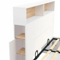 Lit coffre double avec tête de lit, rangements et sommier blanc et bois*IDMarket Clearance