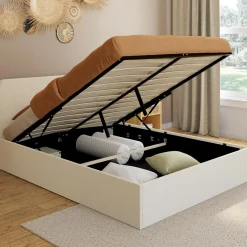 Lit coffre double avec tête de lit et sommier 140x190 cm tissu bouclette*IDMarket Sale