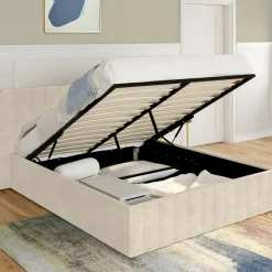 Lit coffre double avec tête de lit en velours beige 160x200 cm*IDMarket Outlet
