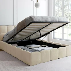Lit coffre double avec tête de lit matelassée et sommier de 140 x 190 cm en velours beige*IDMarket New