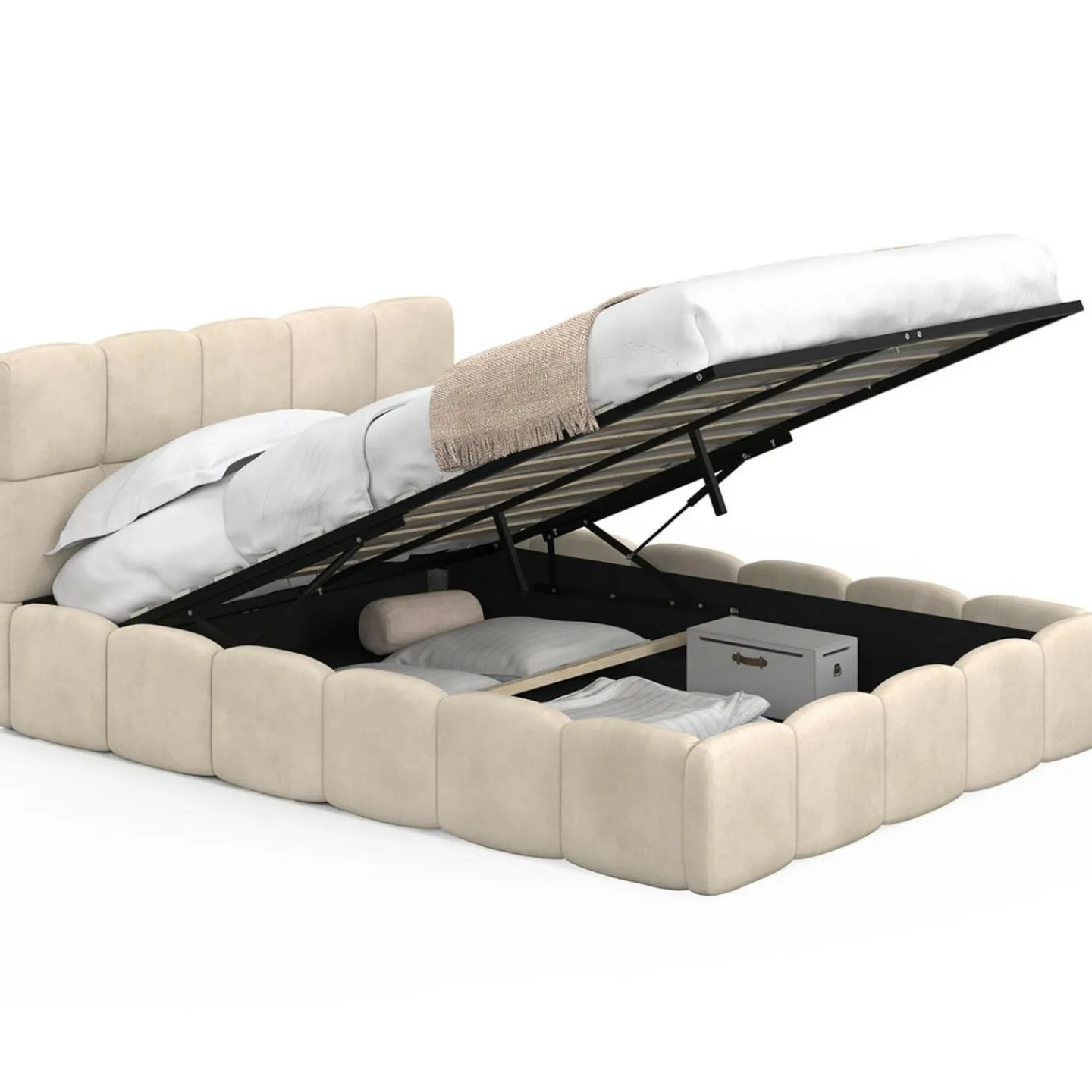 Lit coffre double avec tête de lit matelassée et sommier de 140 x 190 cm en velours beige*IDMarket New