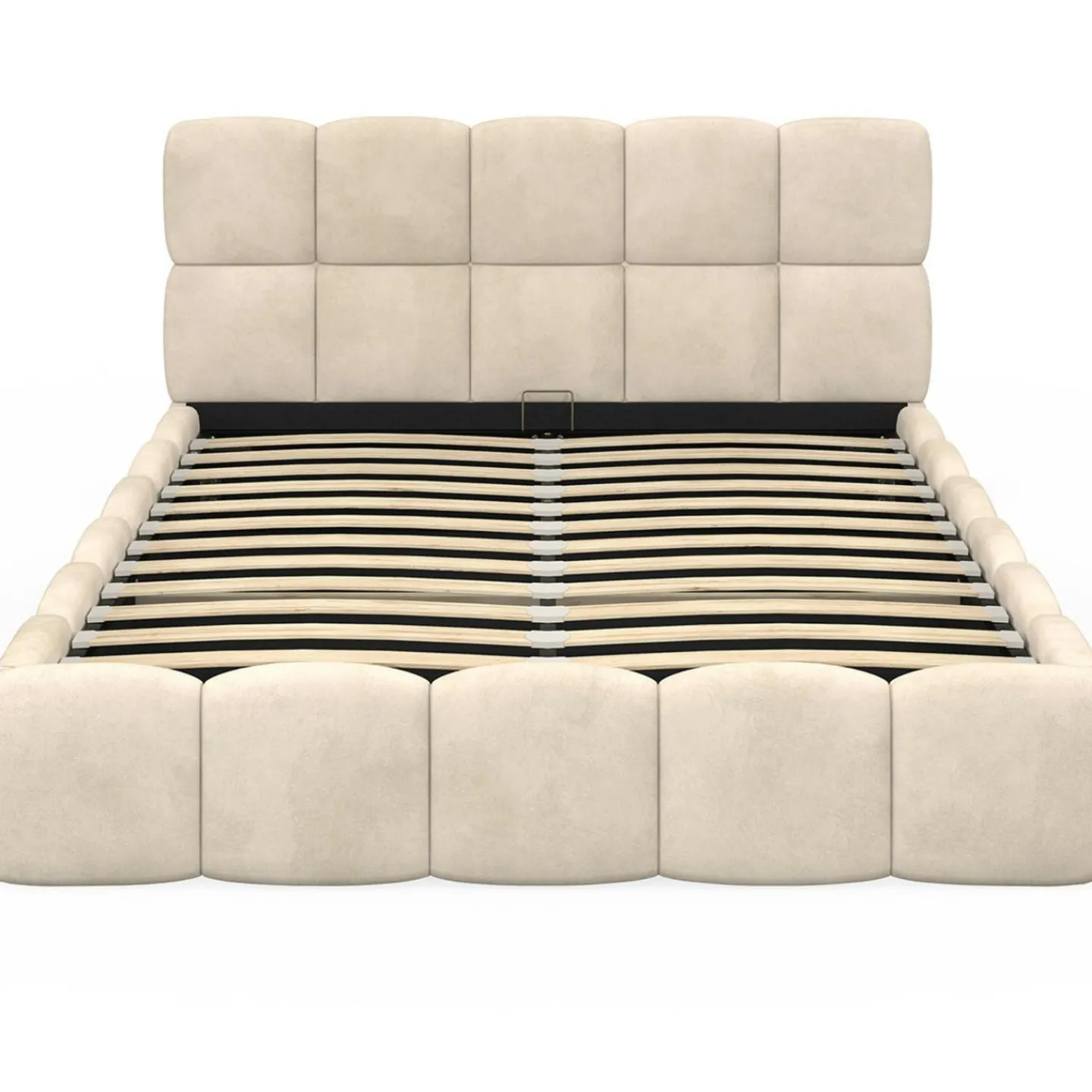Lit coffre double avec tête de lit matelassée et sommier de 140 x 190 cm en velours beige*IDMarket New
