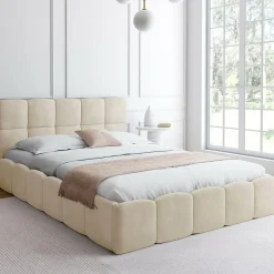 Lit coffre double avec tête de lit matelassée et sommier de 140 x 190 cm en velours beige*IDMarket New