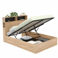 Lit coffre double 140x190 cm avec tête de lit façon hêtre et noir*IDMarket Discount