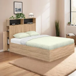 Lit coffre double 140x190 cm avec tête de lit façon hêtre et noir*IDMarket Discount