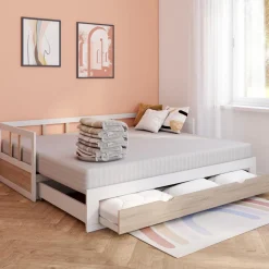 Lit convertible 180 x 190 cm blanc et hêtre*IDMarket Hot